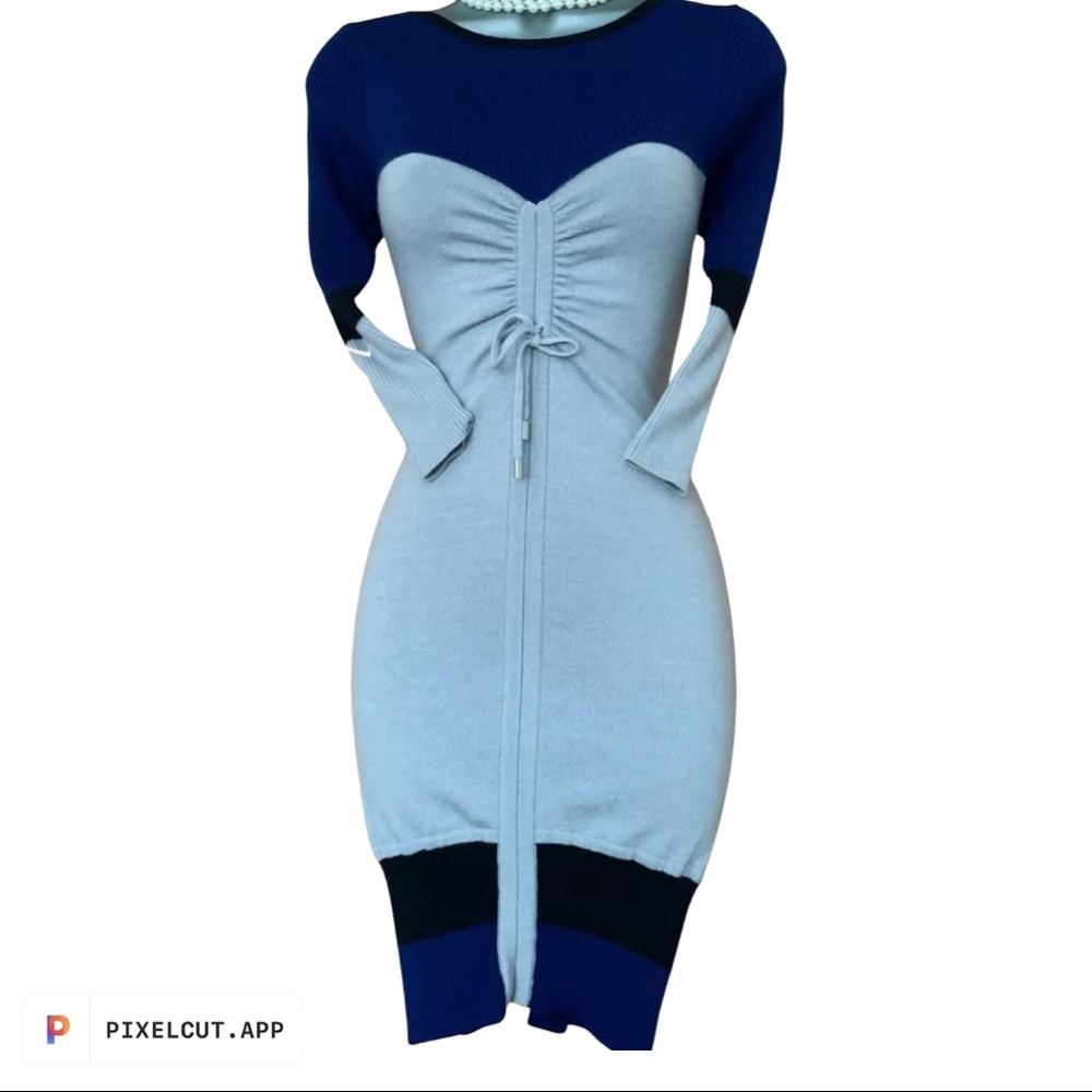 Karen Millen 3/4 Sleeve Elegant Grey Blue Knitted Dress KM 3 US 4-6